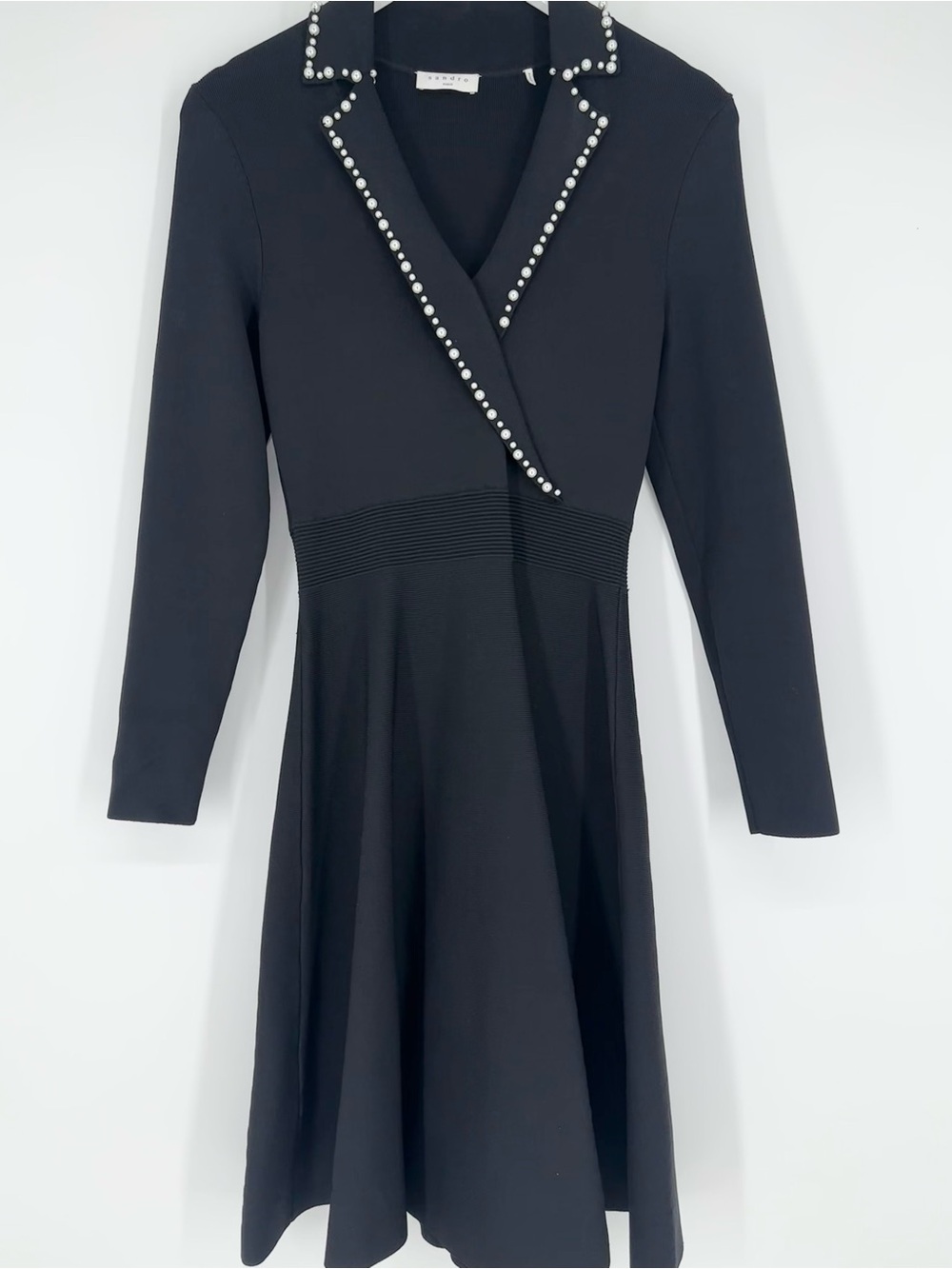 Sandro Paris Pearl Lapel Long Sleeve Fit & Flare Sweater Mini Dress - Black - Picture 6 of 16